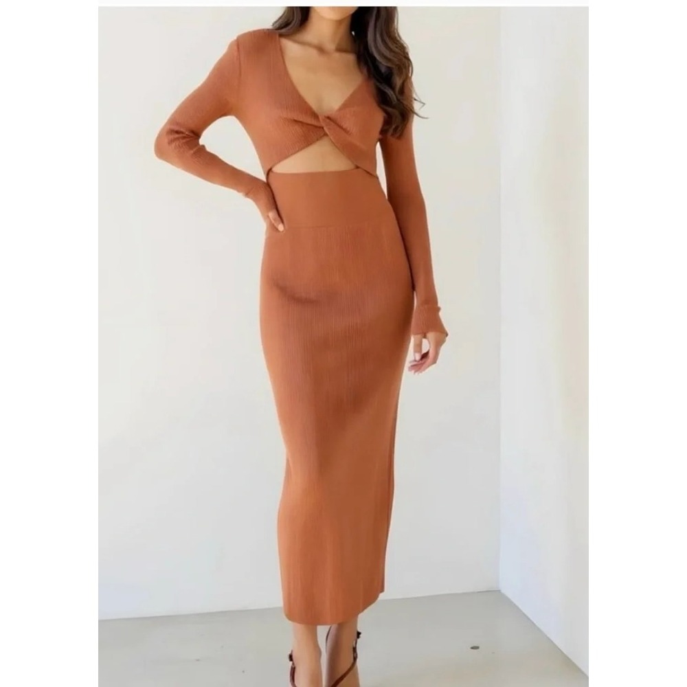 A.L.C. Ribbed Knit Dress Women XS Terracotta Cutout Long Sleeve Midi Bodycon
